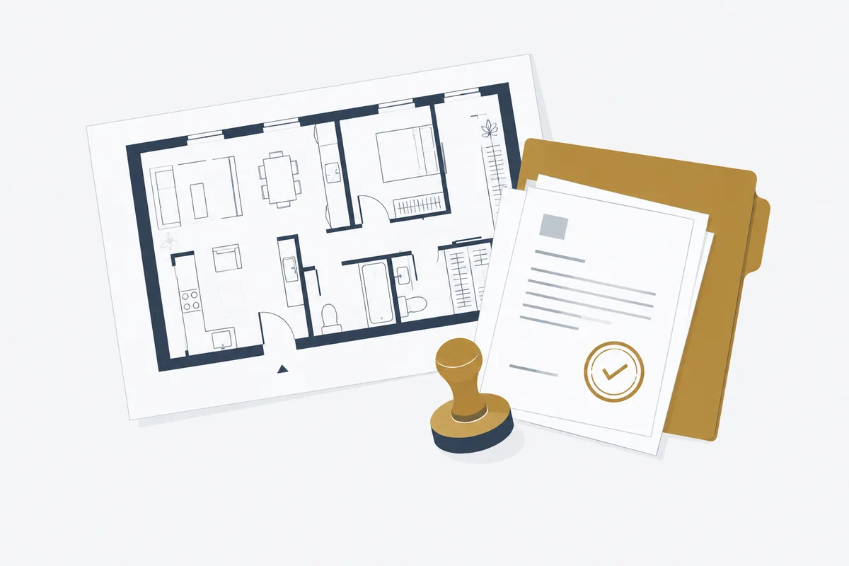 Plano de una vivienda junto a la carpeta y el sello de la declaración responsable de obra en Madrid