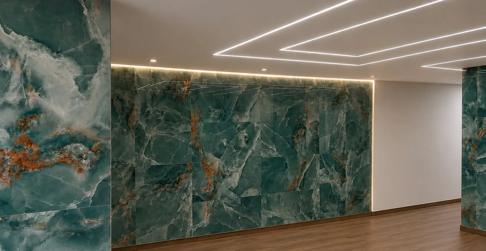 Panelado de gran formato en tono verde y falso techo de pladur con líneas de luz indirecta